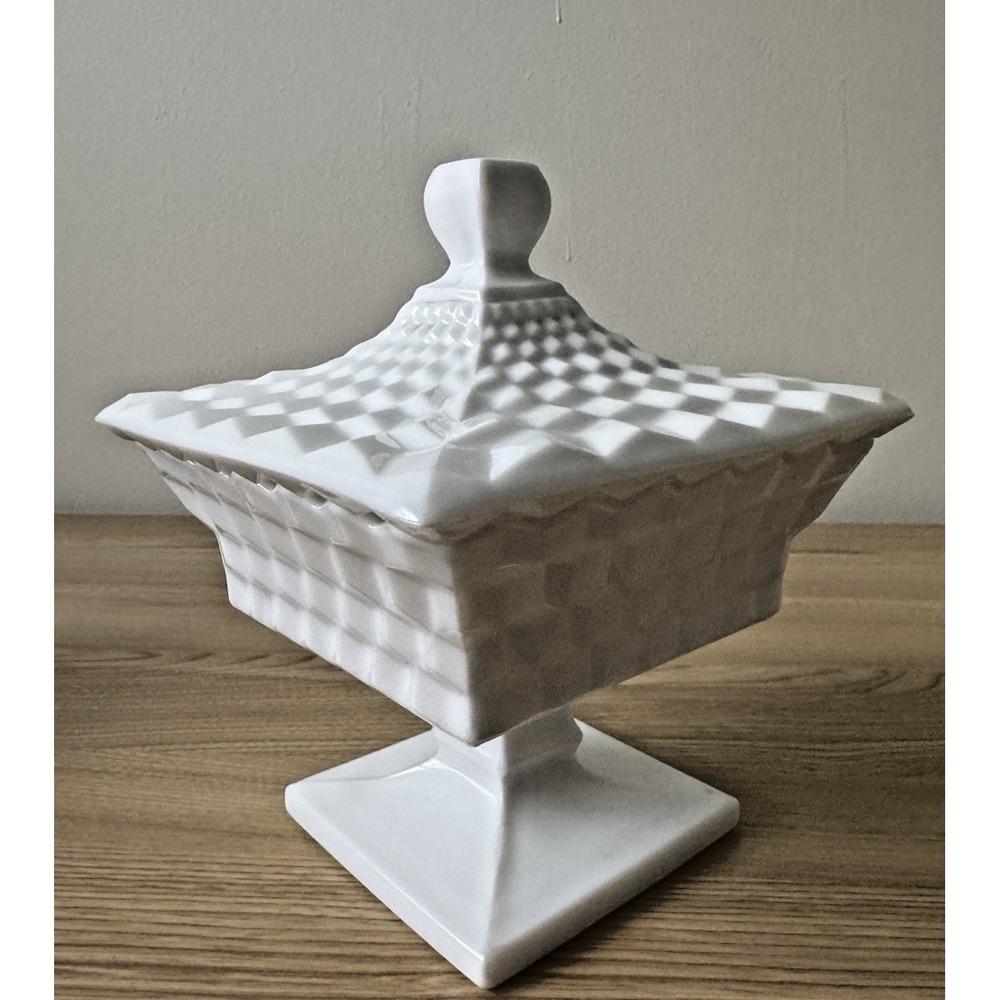 Vintage Quilted Milk Glass Covered Candy‎ Dish Pedestal Compote Square Box